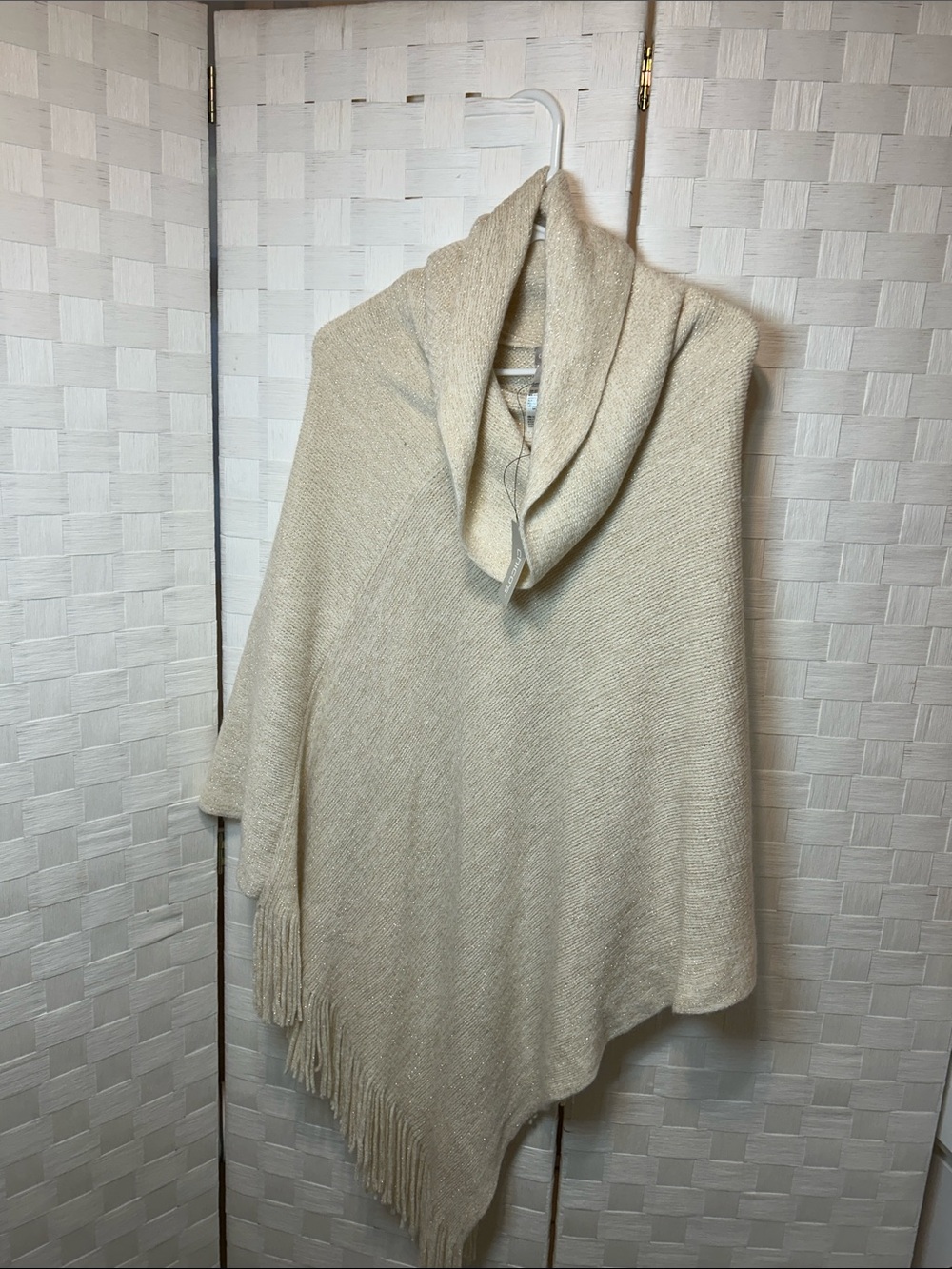 Chico's Cream Knit Poncho with Fringe Trim and Draped Collar
